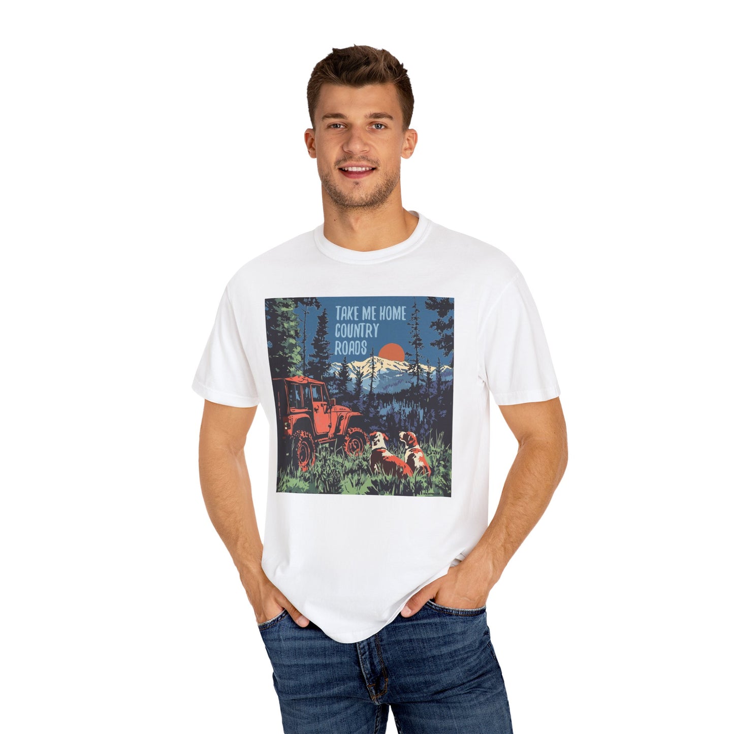Country Roads Unisex T-Shirt, Dogs and Jeep Design