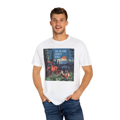 Country Roads Unisex T-Shirt, Dogs and Jeep Design