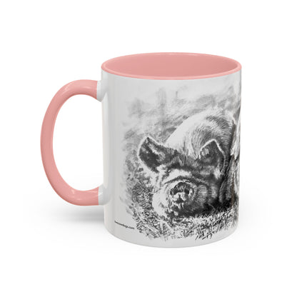 Cozy Trio Pigs Coffee Mug — Hand-Drawn Barnyard Portrait (11/15oz)