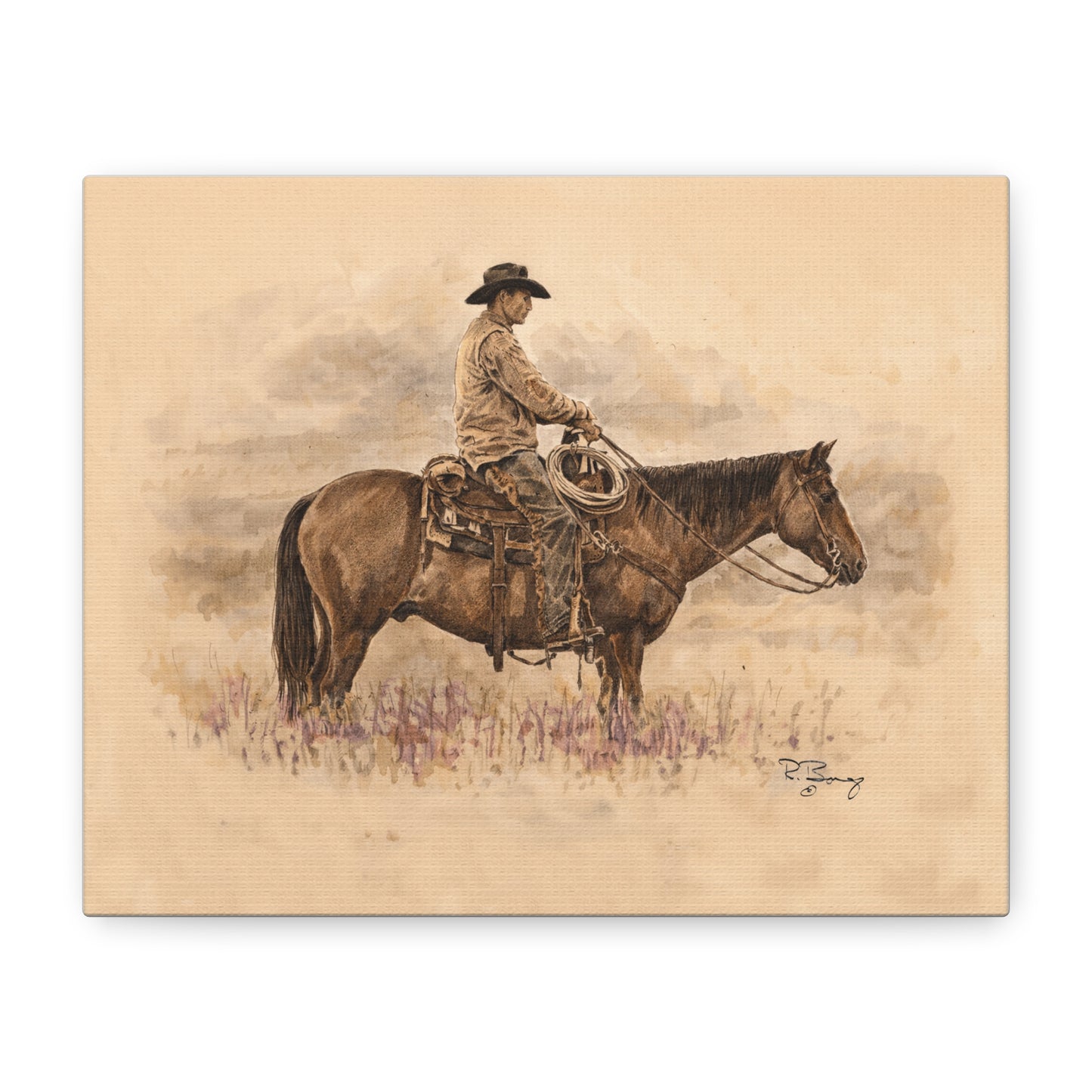 "Ready" Cowboy & Horse Watercolor Pencil Stretched Canvas