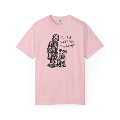 Is the Coffee Ready? Zombie & Pup Tee — Graphic T-Shirt for Coffee Lovers