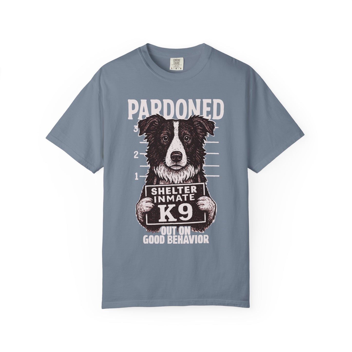Border Collie Mugshot TShirt - PARDONED OUT ON GOOD BEHAVIOR