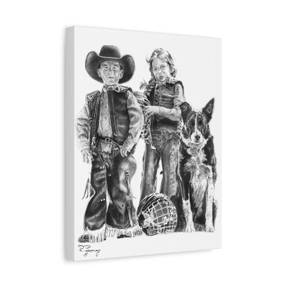 Mutton Busters and Border Collie, Custom Stretched Canvas