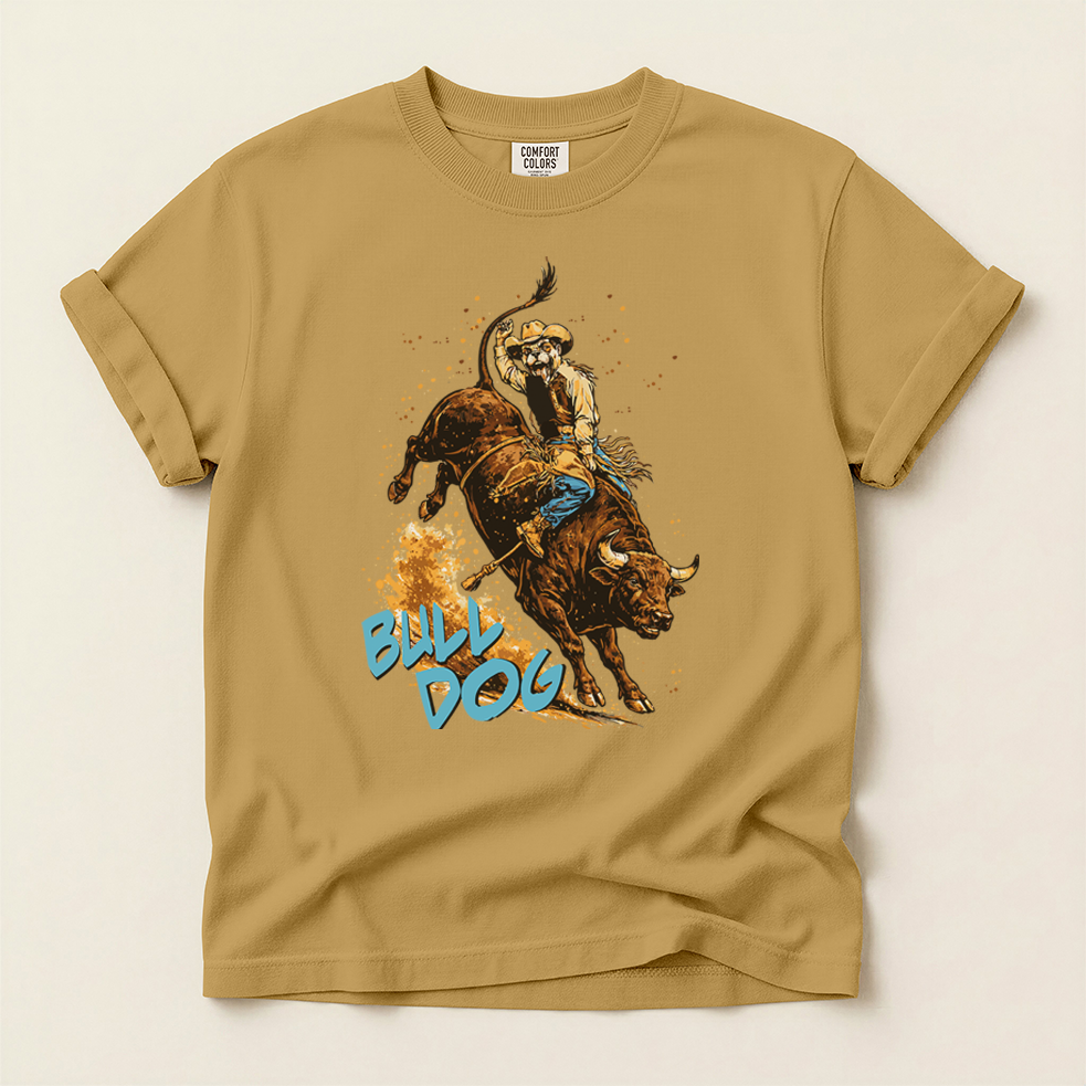 Bull-dog Rodeo T-Shirt — Bulldog Riding Bucking Bull