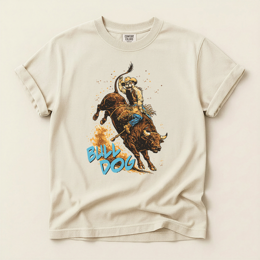 Bull-dog Rodeo T-Shirt — Bulldog Riding Bucking Bull