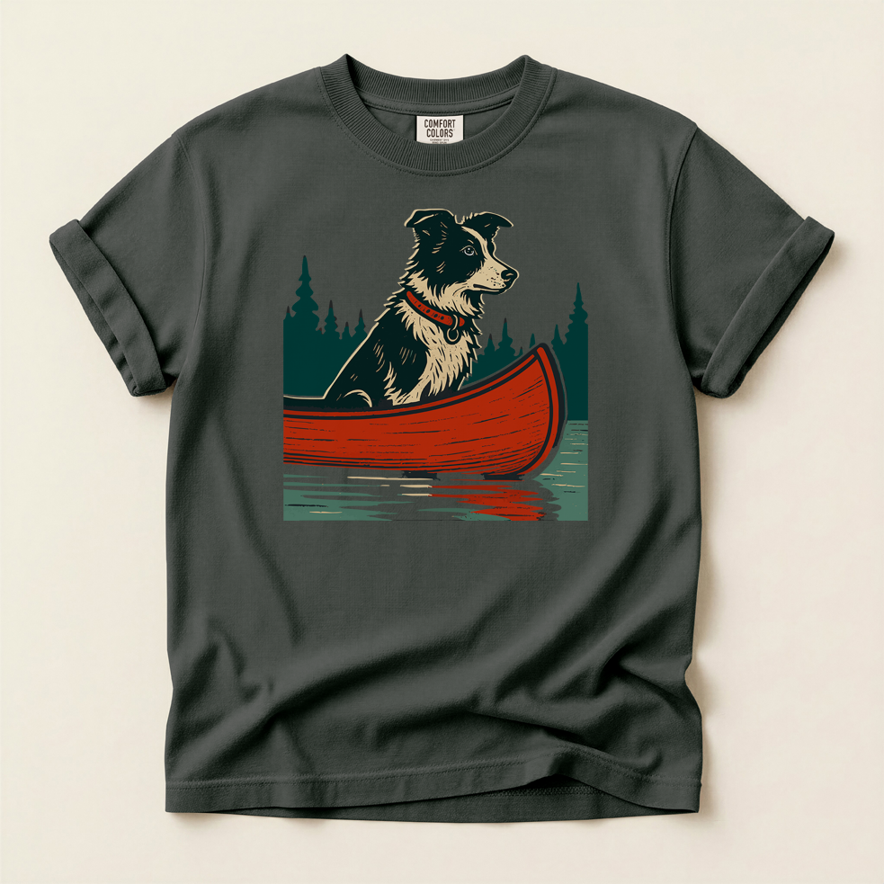 Border Collie in a Red Canoe T-Shirt — Dog Lover Canoeing Tee