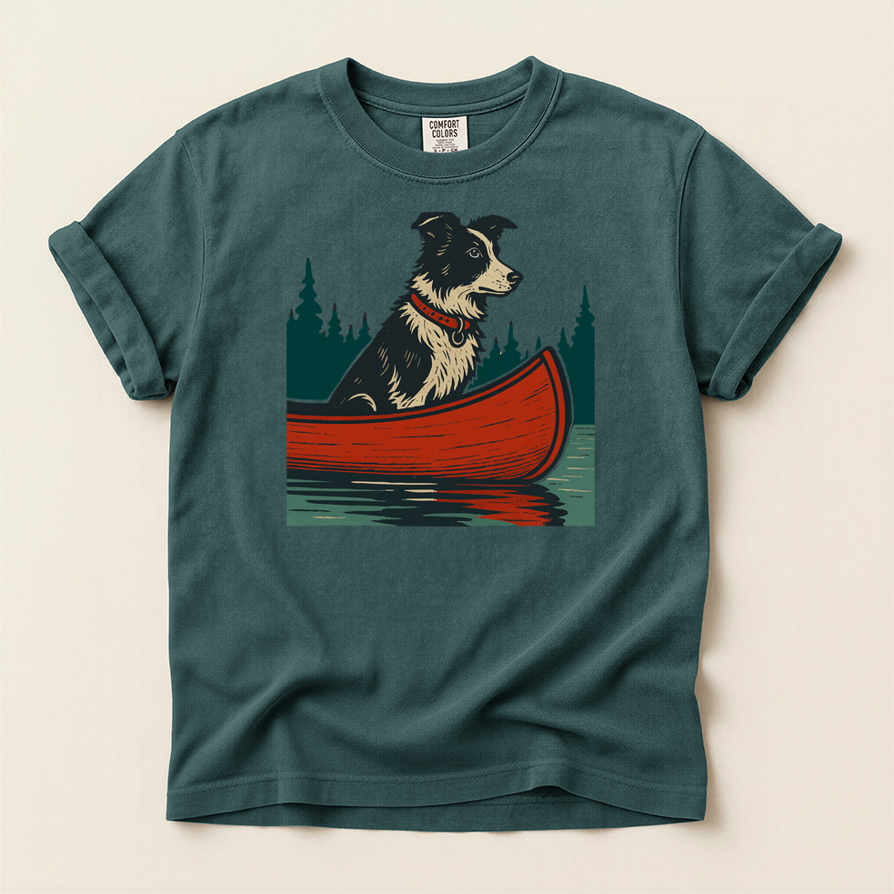 Border Collie in a Red Canoe T-Shirt — Dog Lover Canoeing Tee