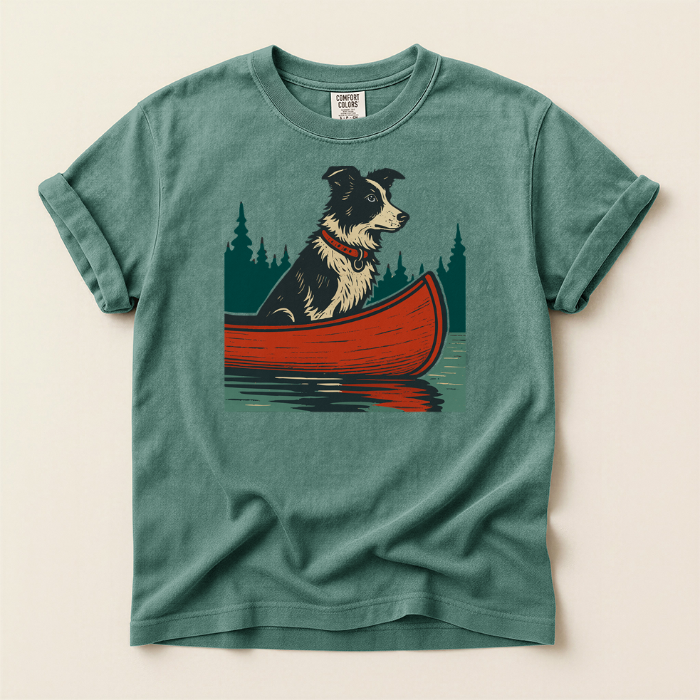 Border Collie in a Red Canoe T-Shirt — Dog Lover Canoeing Tee