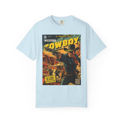 Western Comic Book T-Shirt - The Trail of Doom Unisex Garment-Dyed