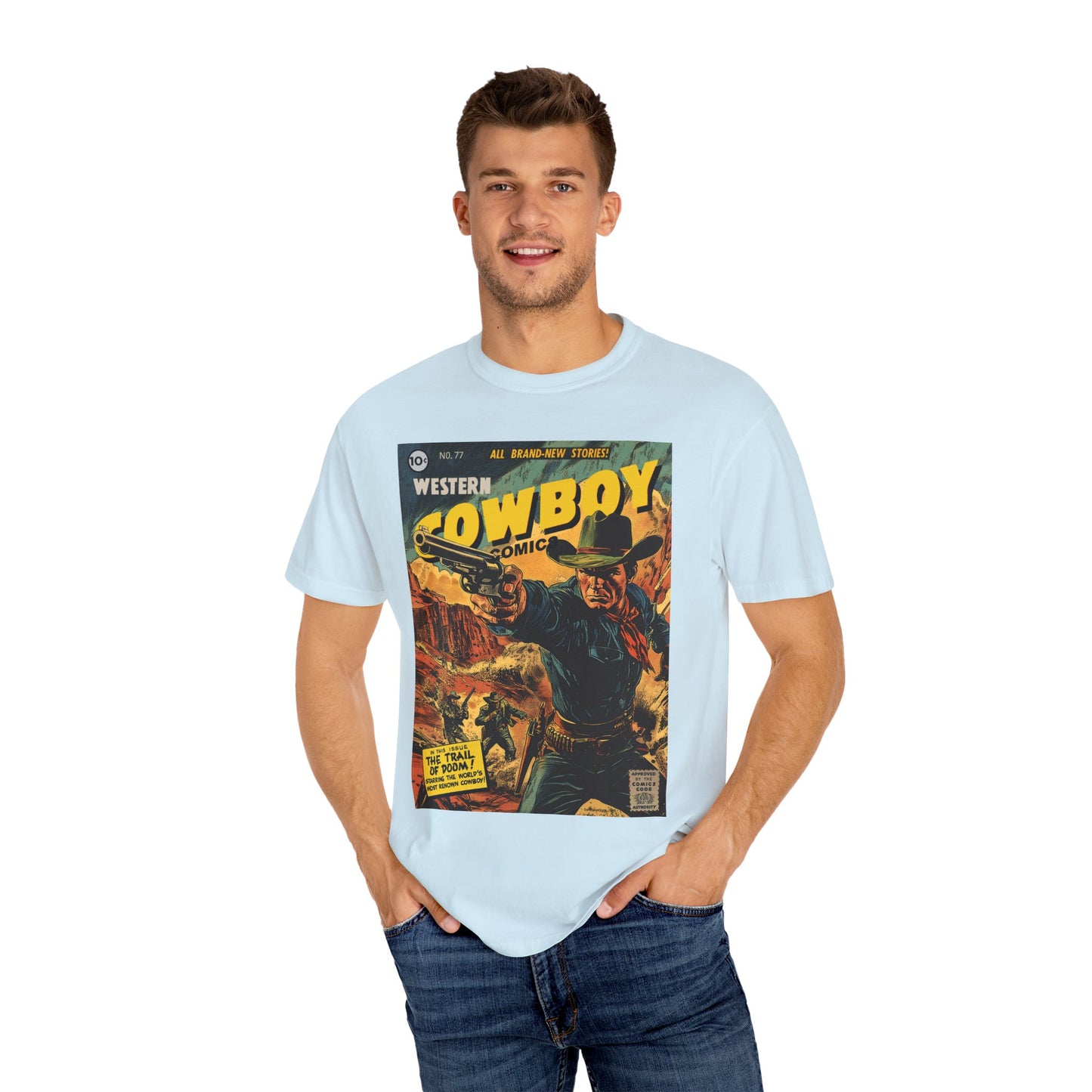 Western Comic Book T-Shirt - The Trail of Doom Unisex Garment-Dyed