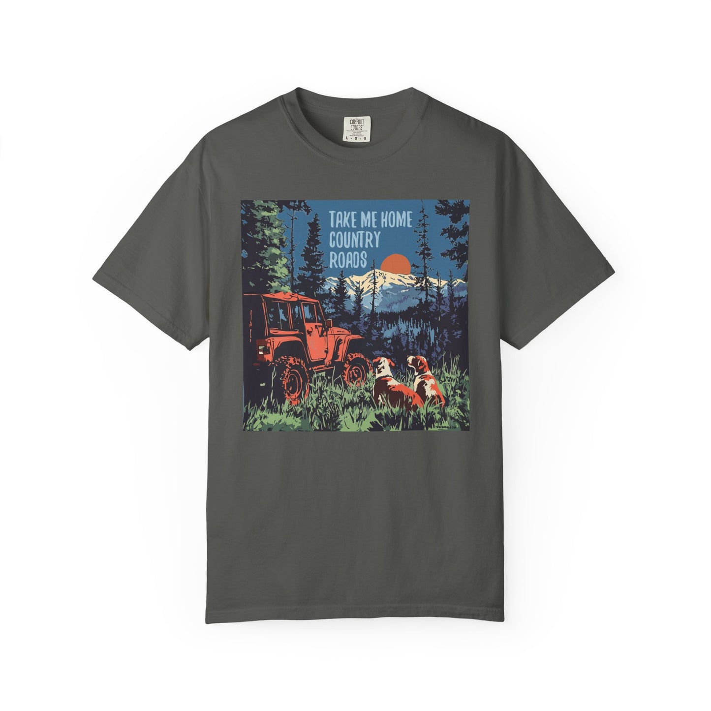 Country Roads Unisex T-Shirt, Dogs and Jeep Design