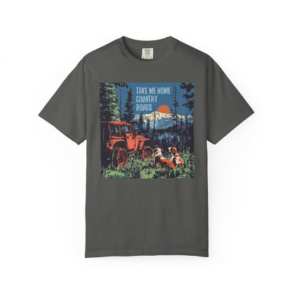 Country Roads Unisex T-Shirt, Dogs and Jeep Design