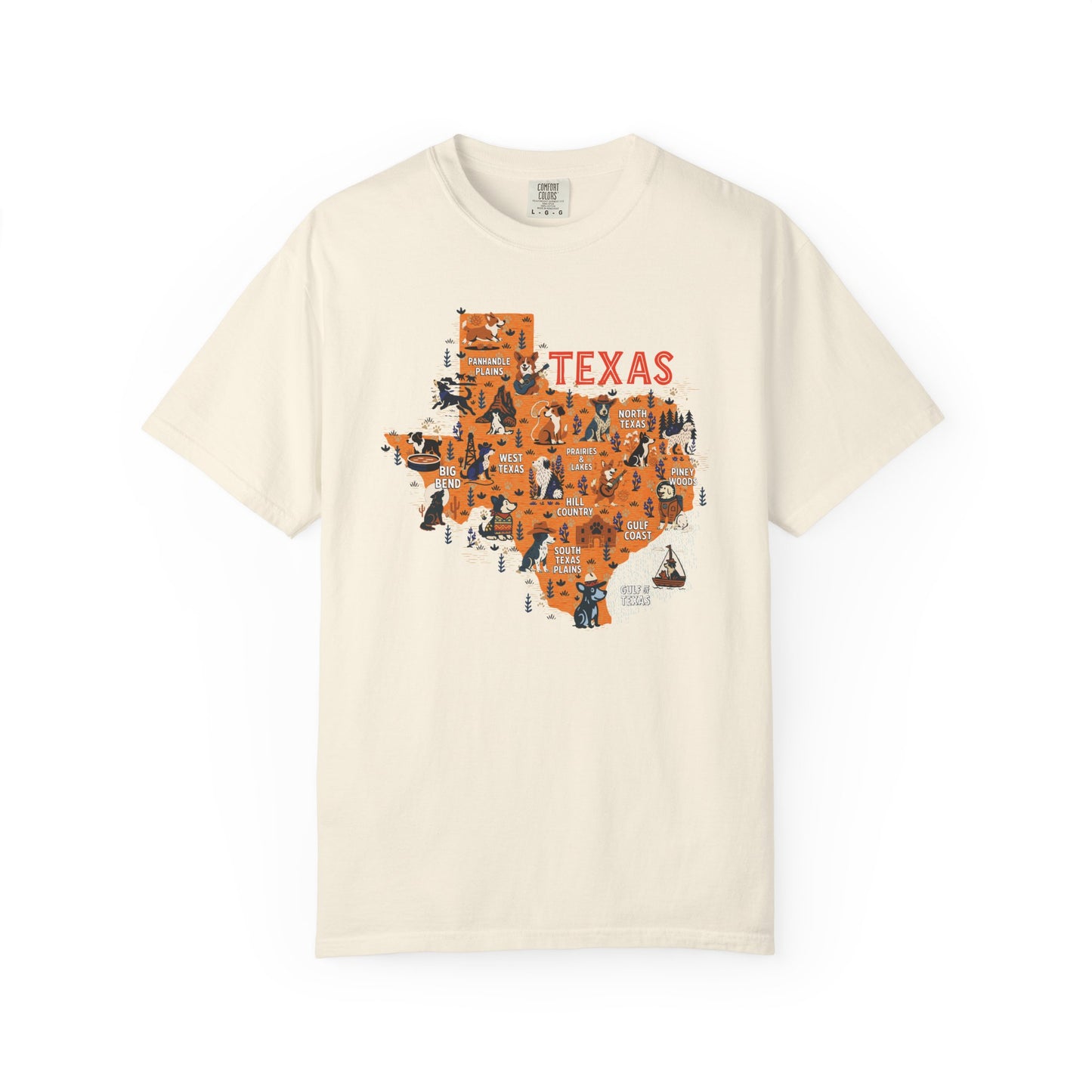 Beige t-shirt with an orange map of Texas featuring various dogs and state icons