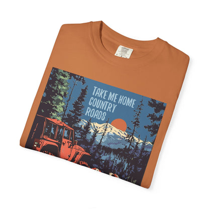 Country Roads Unisex T-Shirt, Dogs and Jeep Design