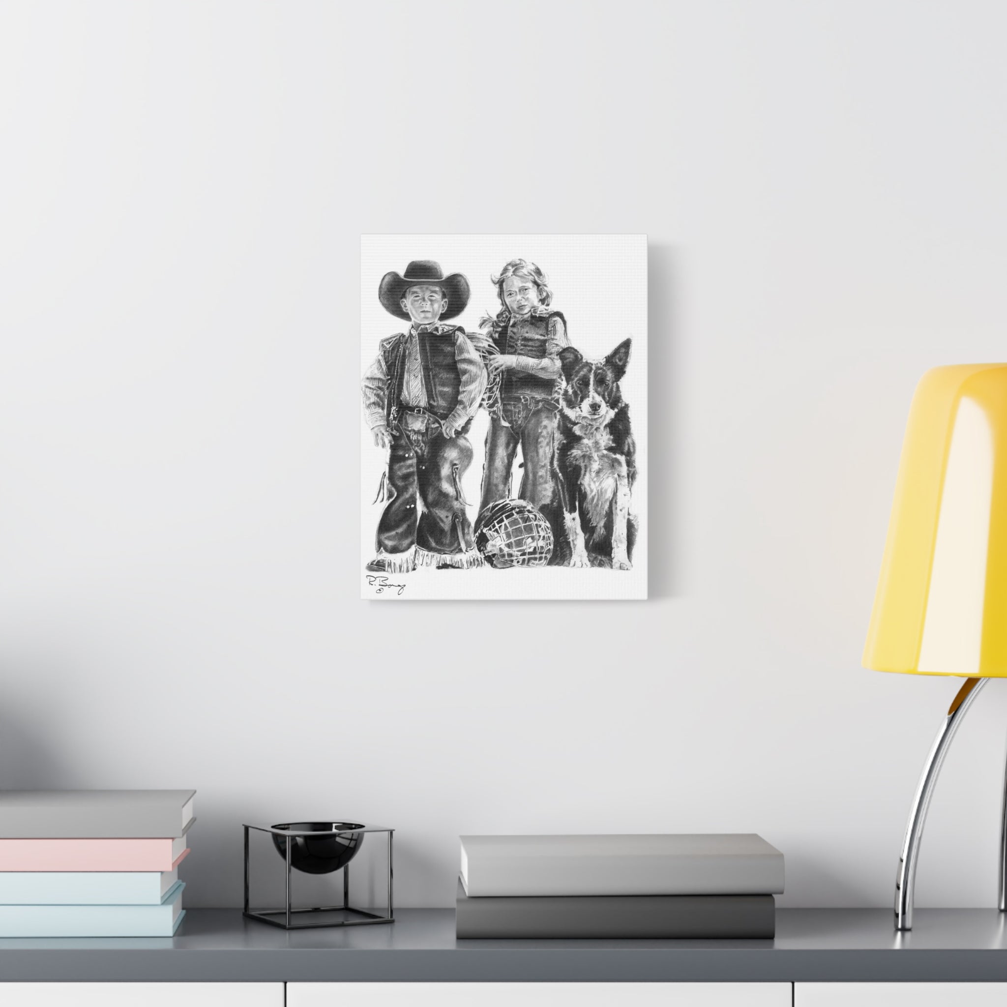 Mutton Busters and Border Collie, Custom Stretched Canvas
