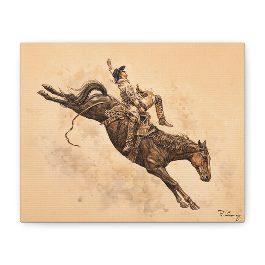 Bareback Rodeo Stretched Canvas Art — Watercolor & Pencil Western Wall Decor