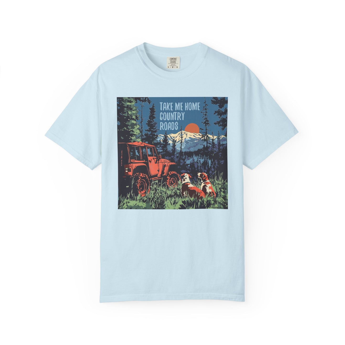 Country Roads Unisex T-Shirt, Dogs and Jeep Design