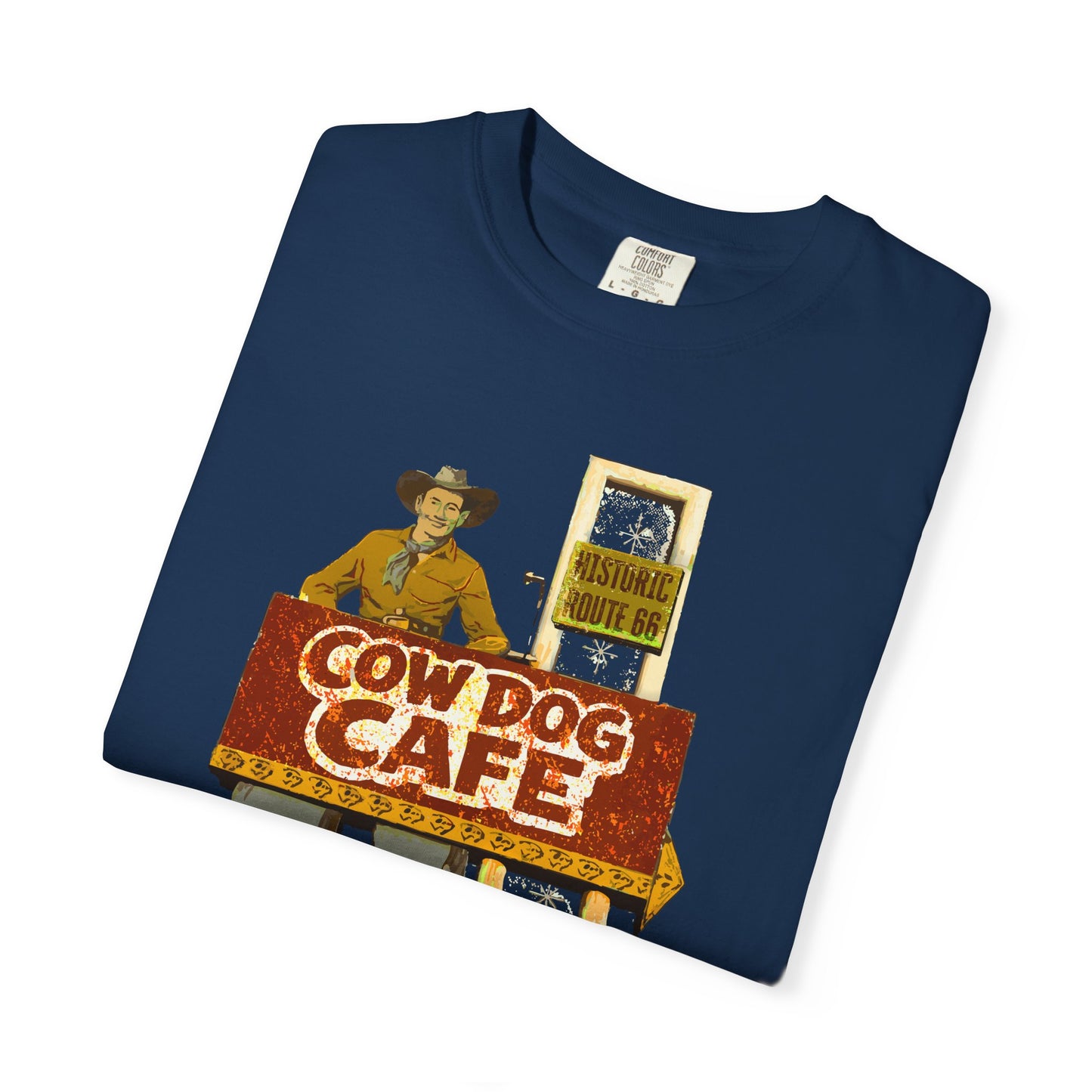 Cow Dog Cafe Vintage Roadside T-Shirt — Retro Route 66 Diner & Dog Lover Tee