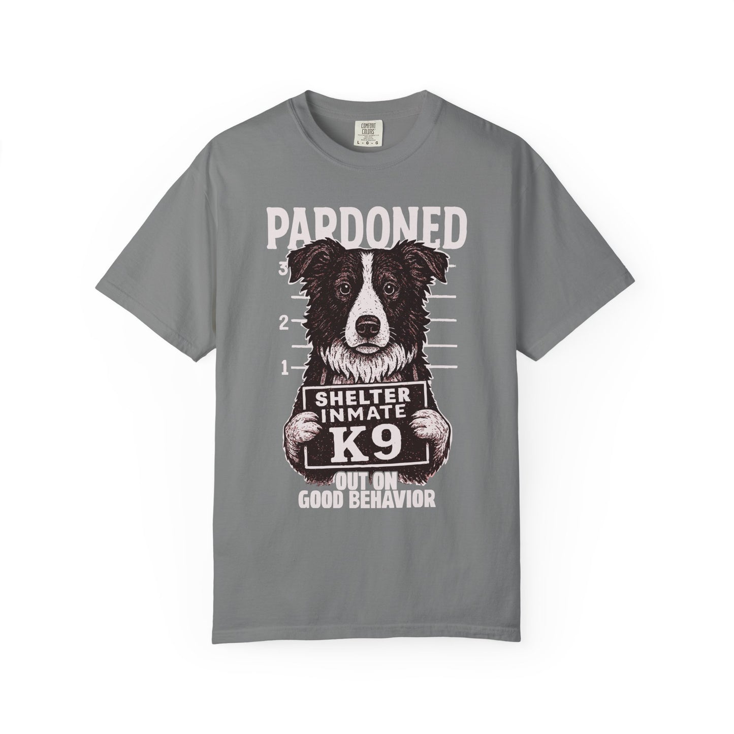 Border Collie Mugshot TShirt - PARDONED OUT ON GOOD BEHAVIOR