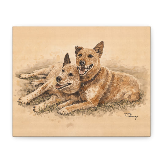 Two Cow Dogs Stretched Canvas Print