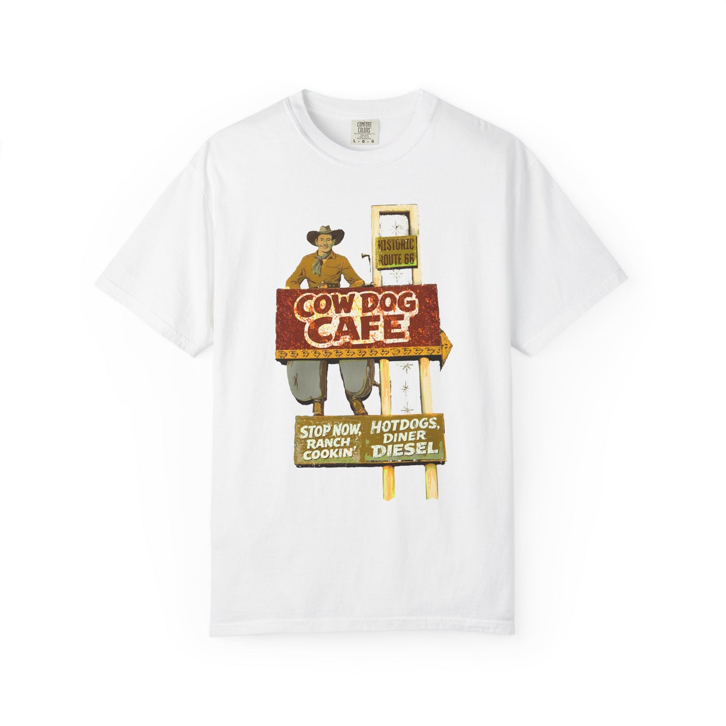 Cow Dog Cafe Vintage Roadside T-Shirt — Retro Route 66 Diner & Dog Lover Tee