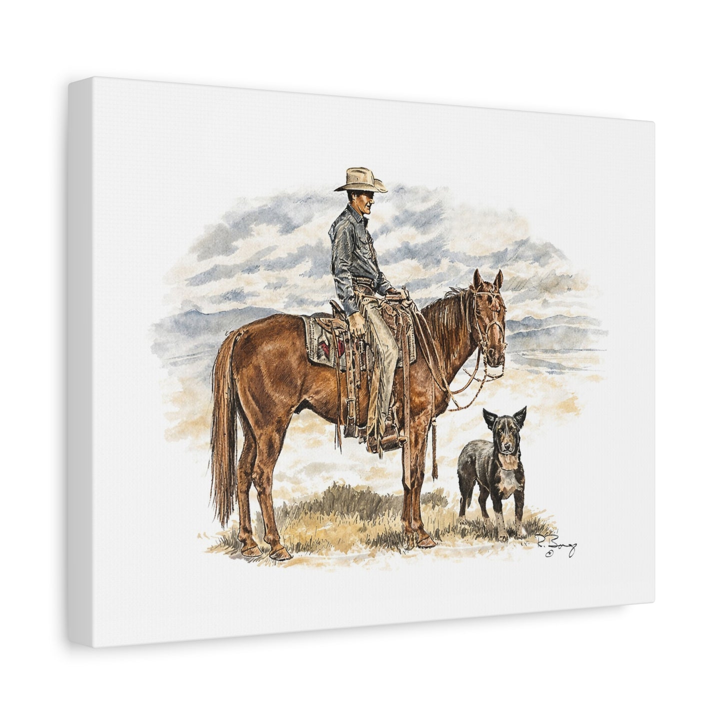Cowboy, Horse and Dog Stretched Canvas