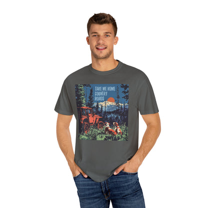 Country Roads Unisex T-Shirt, Dogs and Jeep Design
