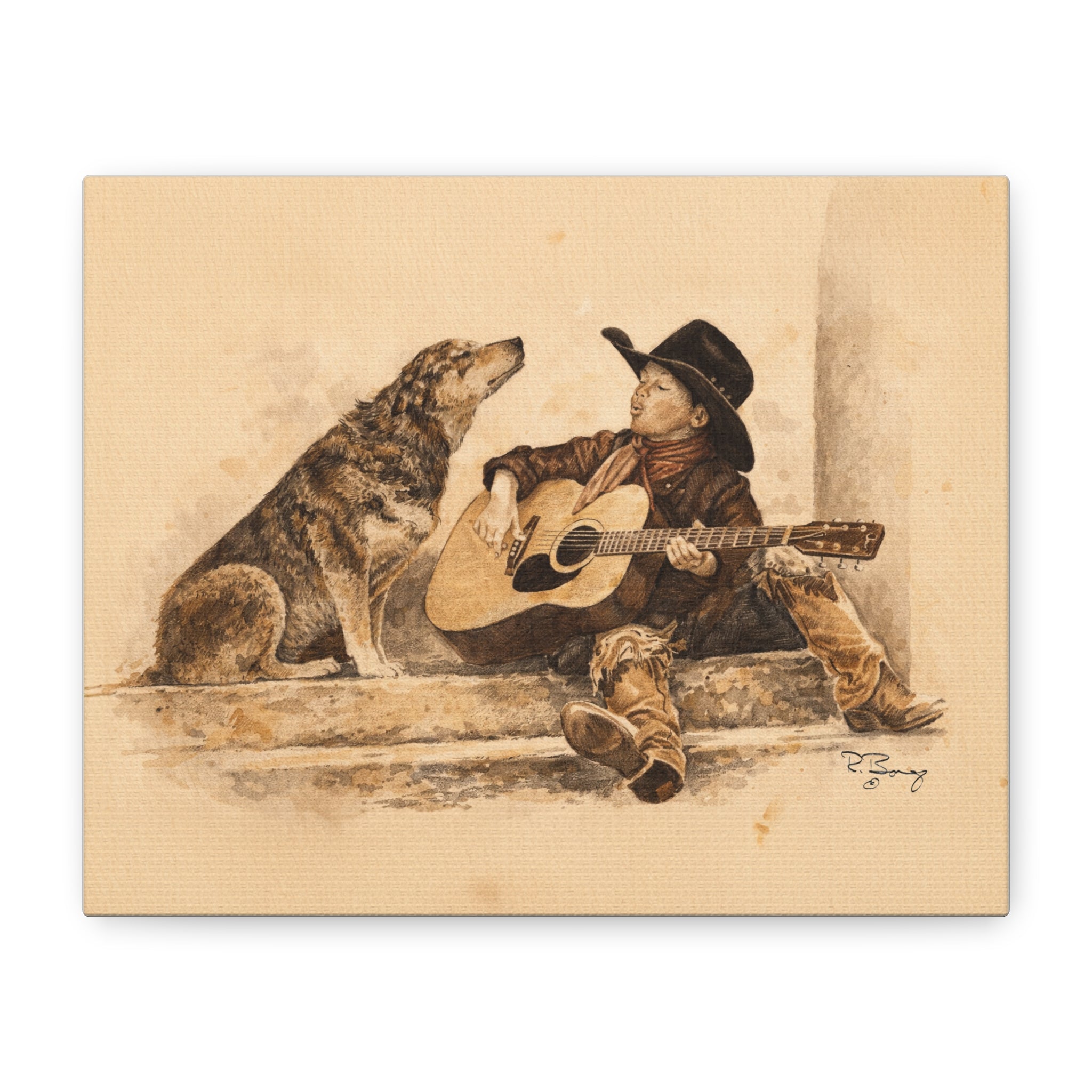Cowboy Crooners Heeler & Little Cowboy Stretched Canvas Print