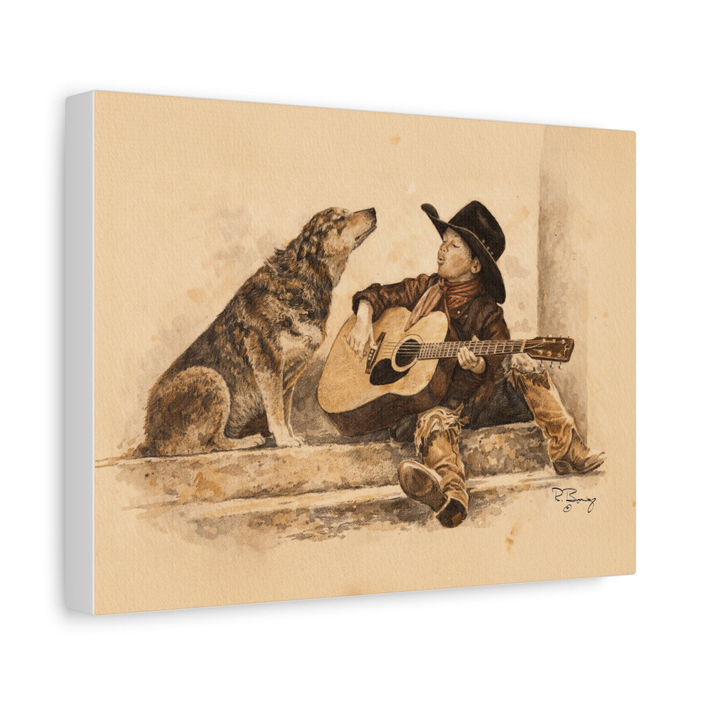 Cowboy Crooners Heeler & Little Cowboy Stretched Canvas Print