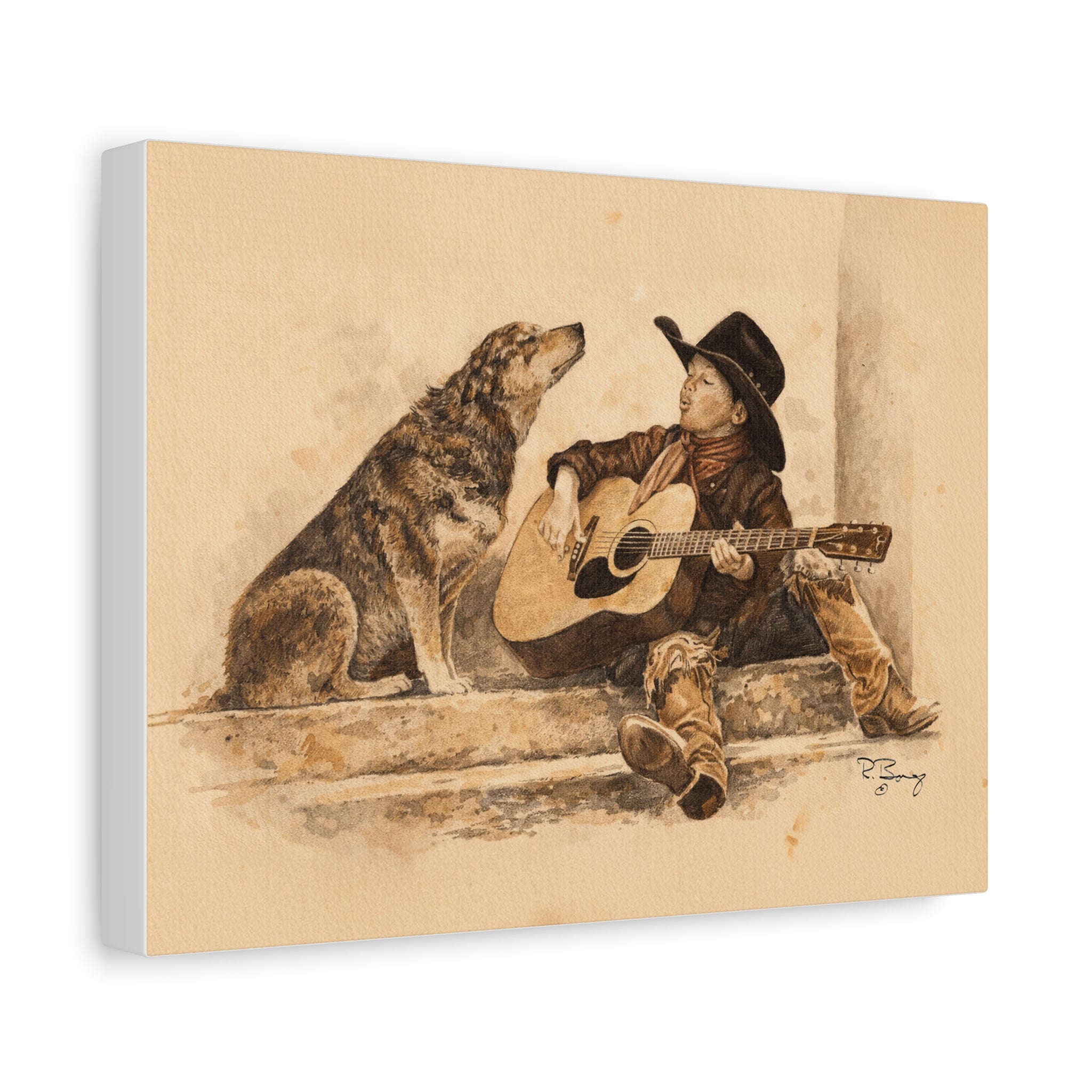 Cowboy Crooners Heeler & Little Cowboy Stretched Canvas Print
