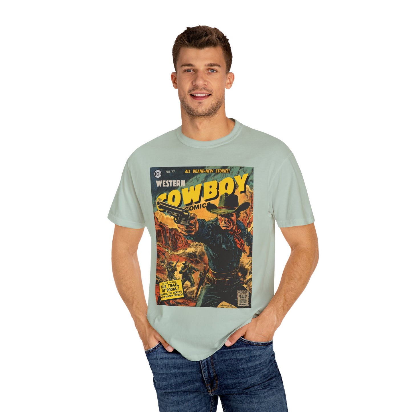 Western Comic Book T-Shirt - The Trail of Doom Unisex Garment-Dyed