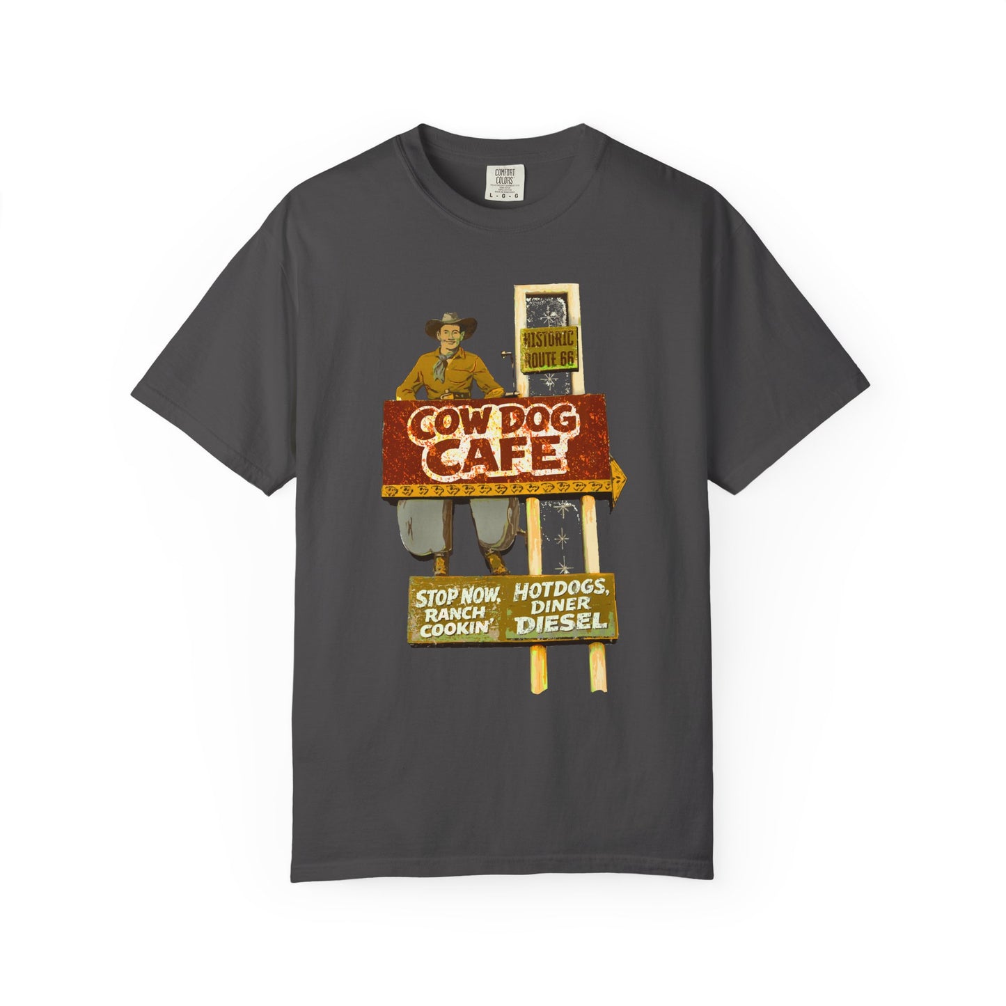 Cow Dog Cafe Vintage Roadside T-Shirt — Retro Route 66 Diner & Dog Lover Tee