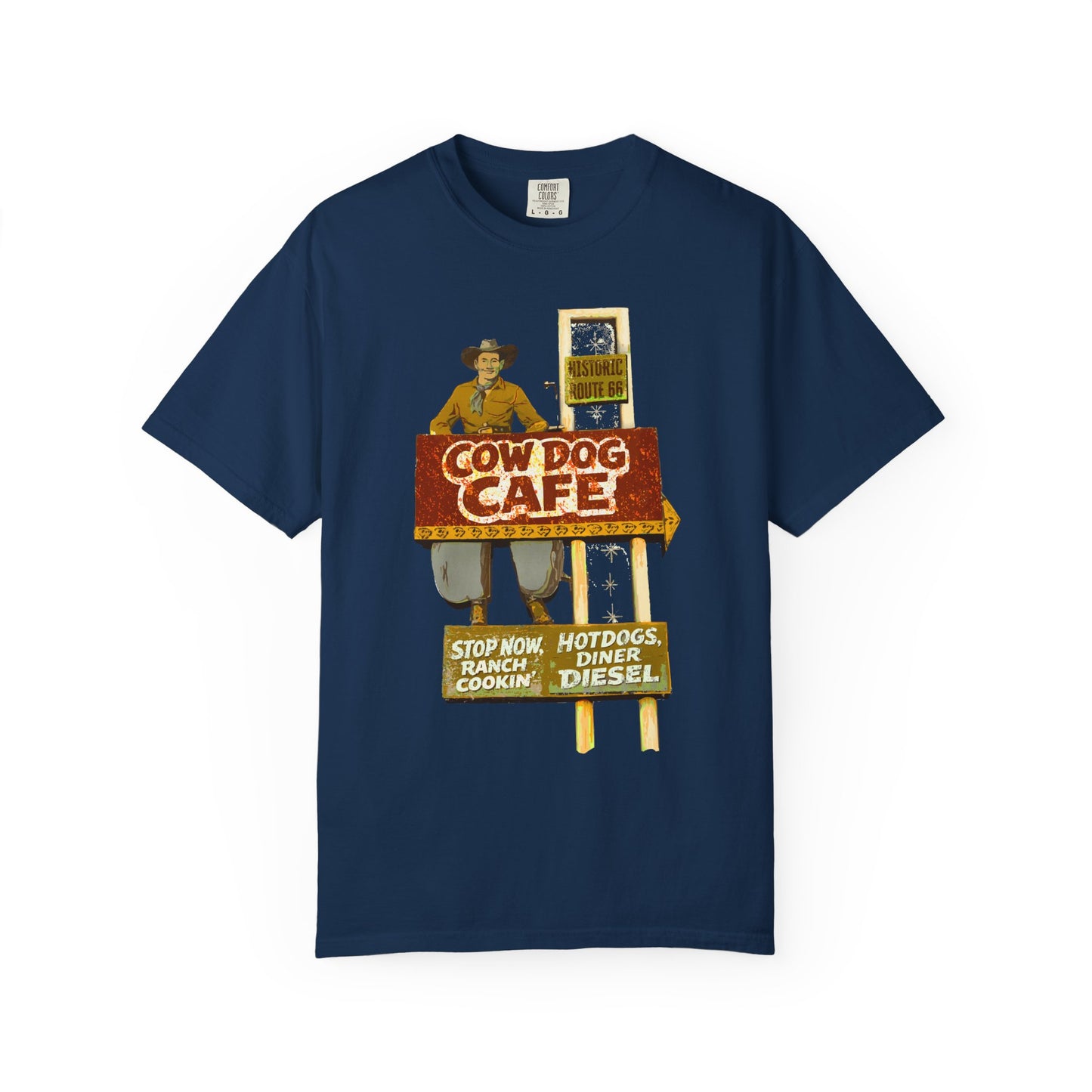 Cow Dog Cafe Vintage Roadside T-Shirt — Retro Route 66 Diner & Dog Lover Tee