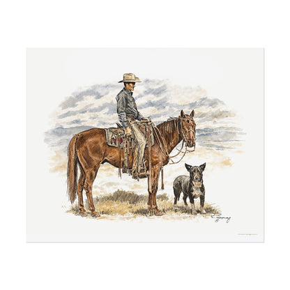 Cowboy, Horse and Dog Print on Fine Art Paper