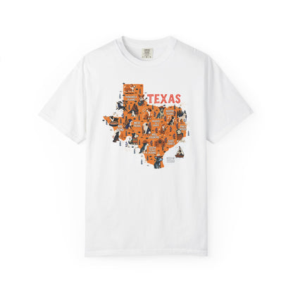 White t-shirt with an orange map of Texas featuring icons