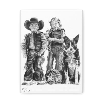 Mutton Busters and Border Collie, Custom Stretched Canvas
