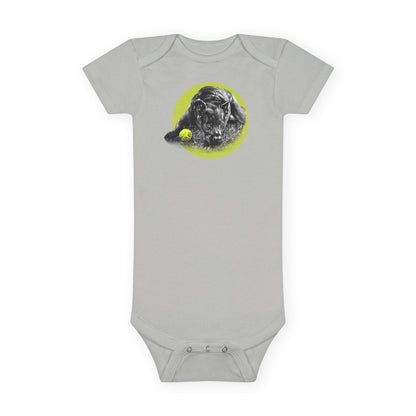 Baby Onesie - Yellow Ball, Black Dog Short Sleeve