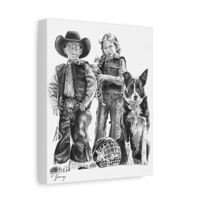 Mutton Busters and Border Collie, Custom Stretched Canvas