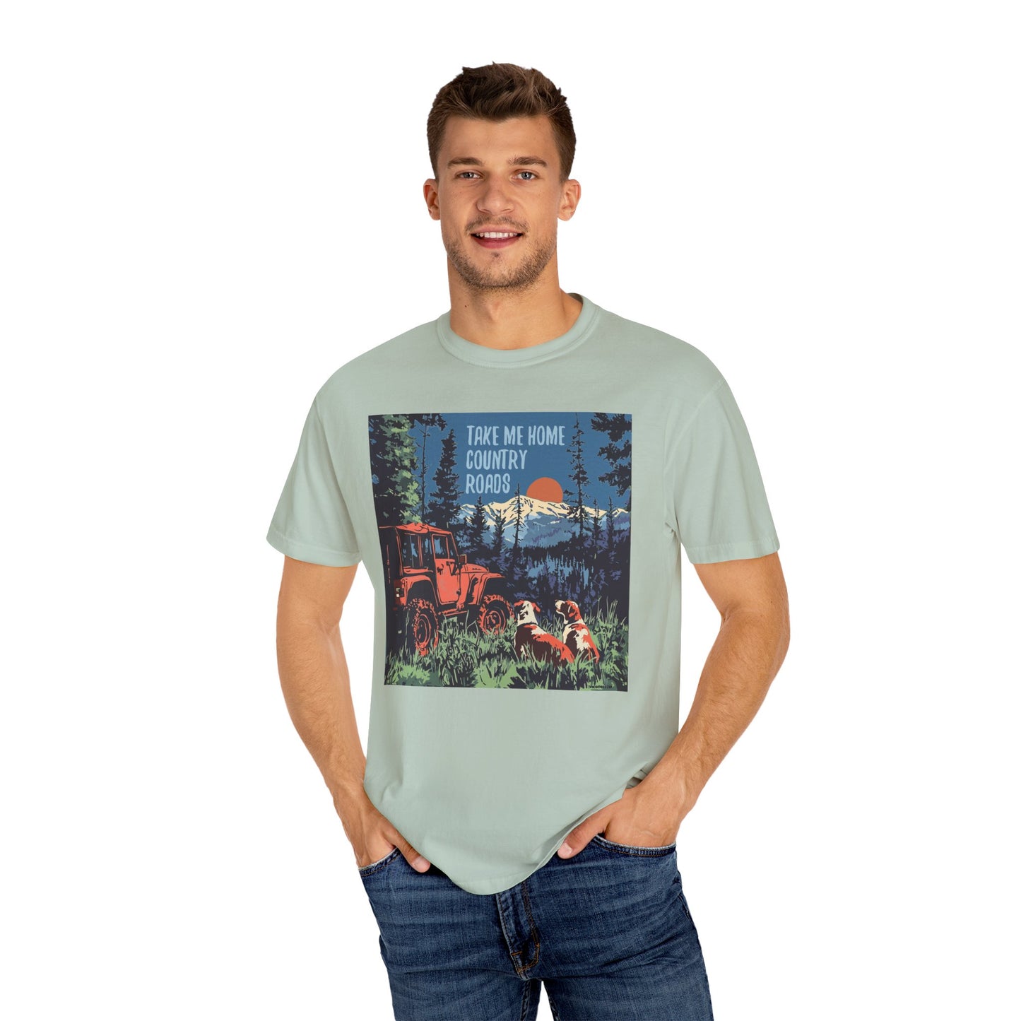Country Roads Unisex T-Shirt, Dogs and Jeep Design