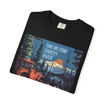 Country Roads Unisex T-Shirt, Dogs and Jeep Design