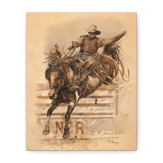 Bronc Rider Stretched Canvas Art — Rodeo Cowboy Watercolor Print