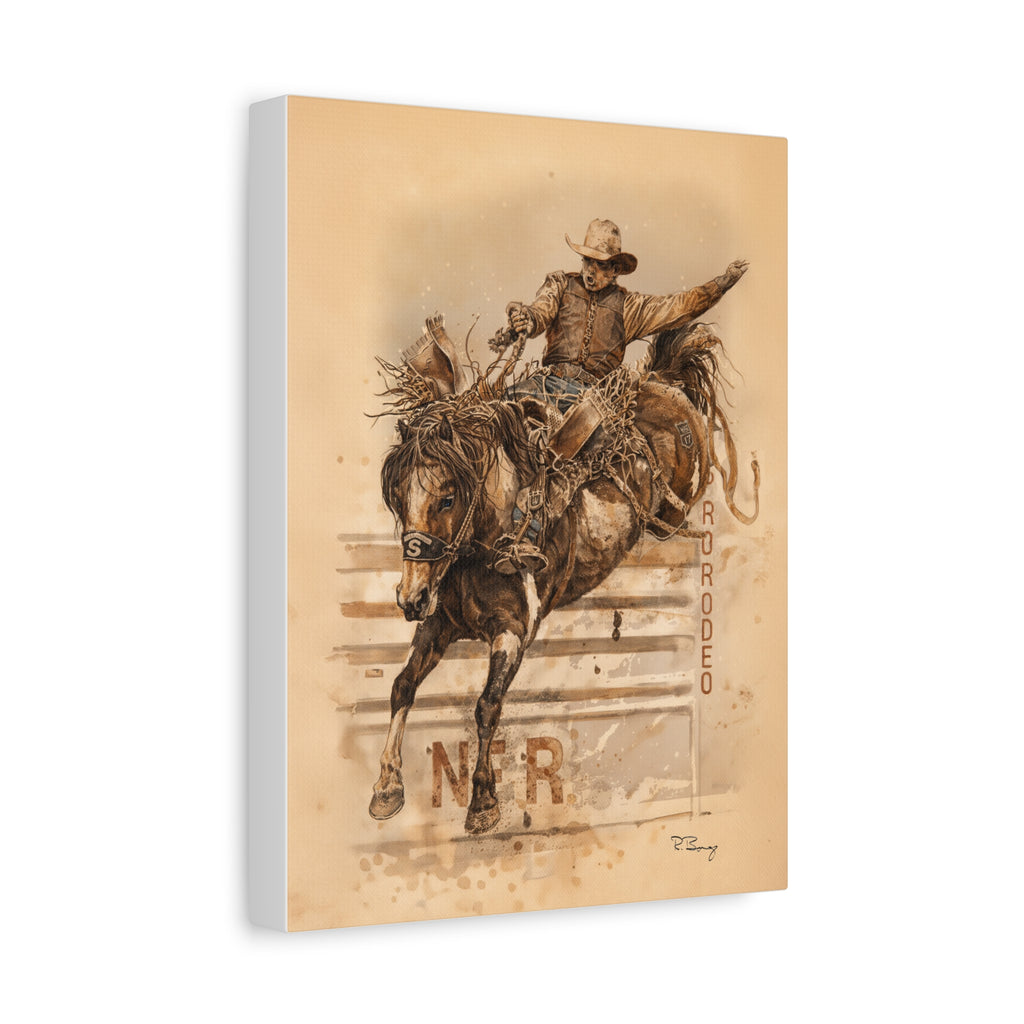 Bronc Rider Stretched Canvas Art — Rodeo Cowboy Watercolor Print