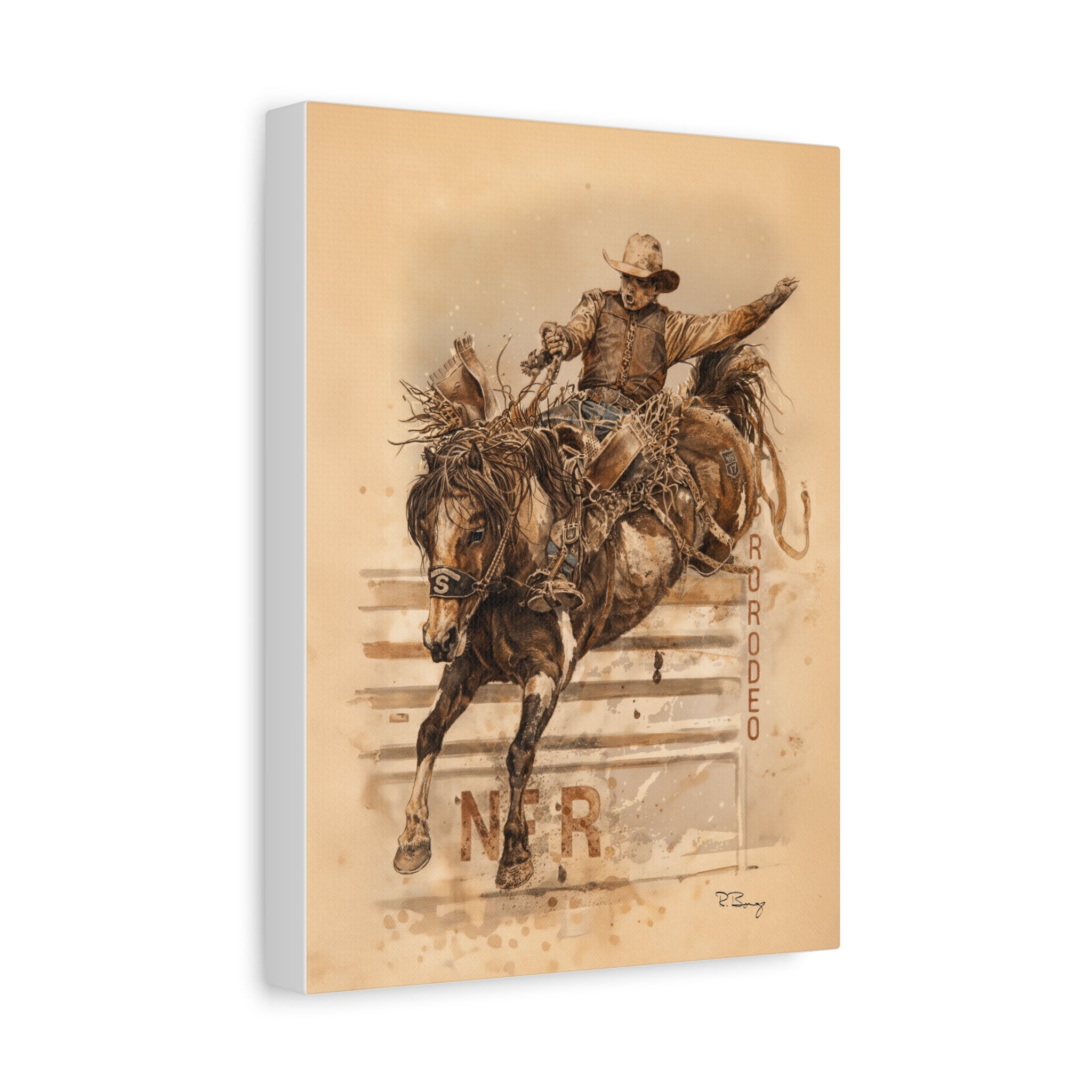 Bronc Rider Stretched Canvas Art — Rodeo Cowboy Watercolor Print