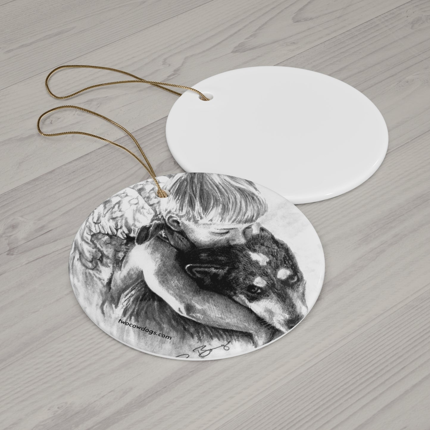 Angelic Child Hugging Cowdog Ceramic Ornament — Pet Memorial Christmas Ornament