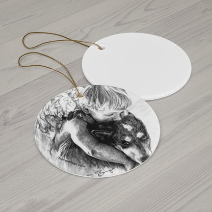 Angelic Child Hugging Cowdog Ceramic Ornament — Pet Memorial Christmas Ornament