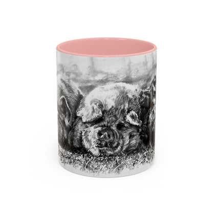 Cozy Trio Pigs Coffee Mug — Hand-Drawn Barnyard Portrait (11/15oz)