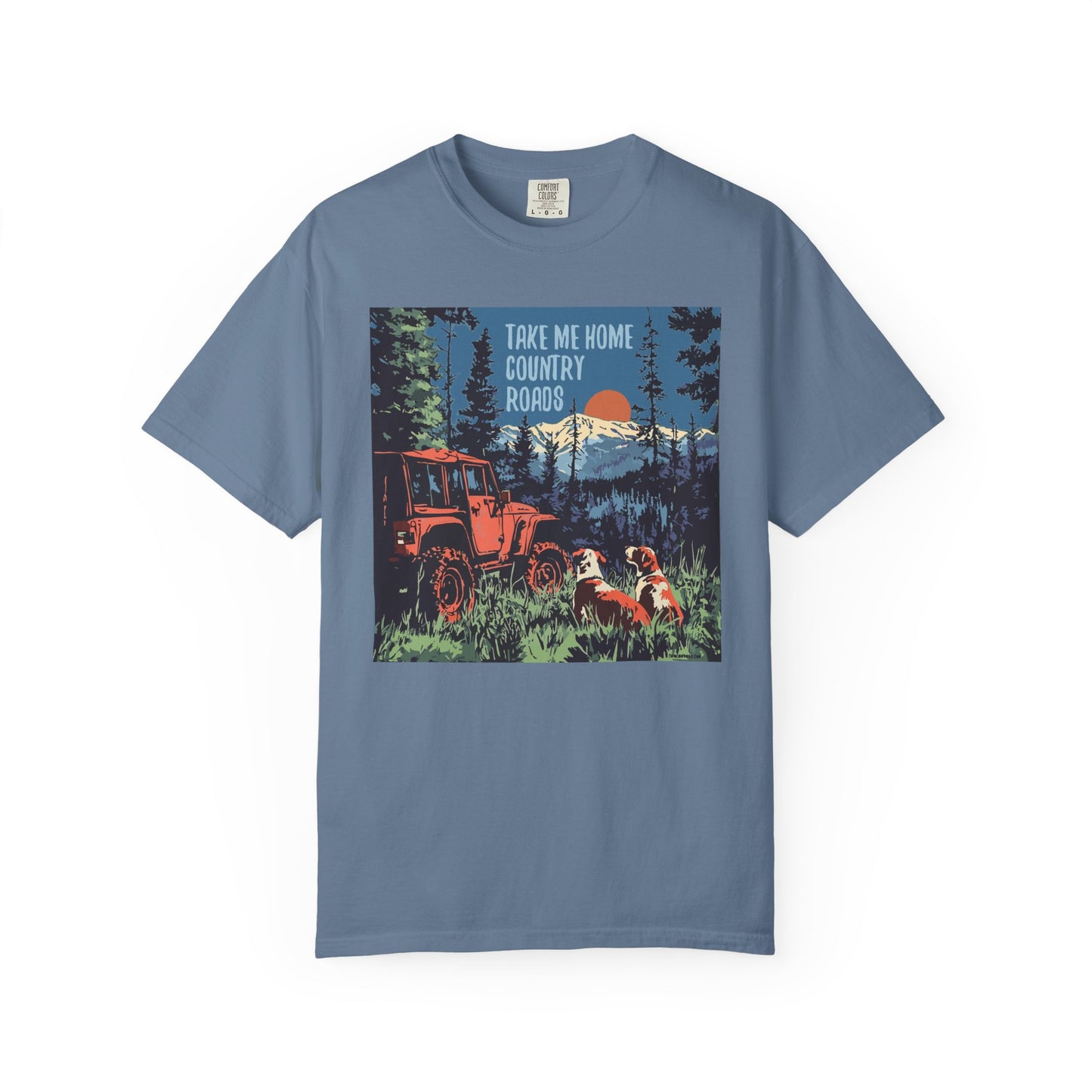 Country Roads Unisex T-Shirt, Dogs and Jeep Design