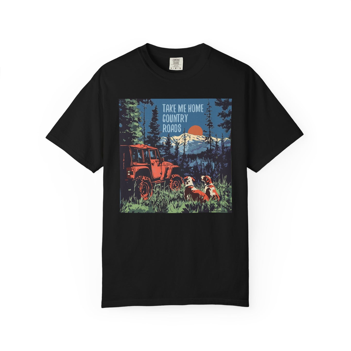 Country Roads Unisex T-Shirt, Dogs and Jeep Design