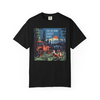 Country Roads Unisex T-Shirt, Dogs and Jeep Design