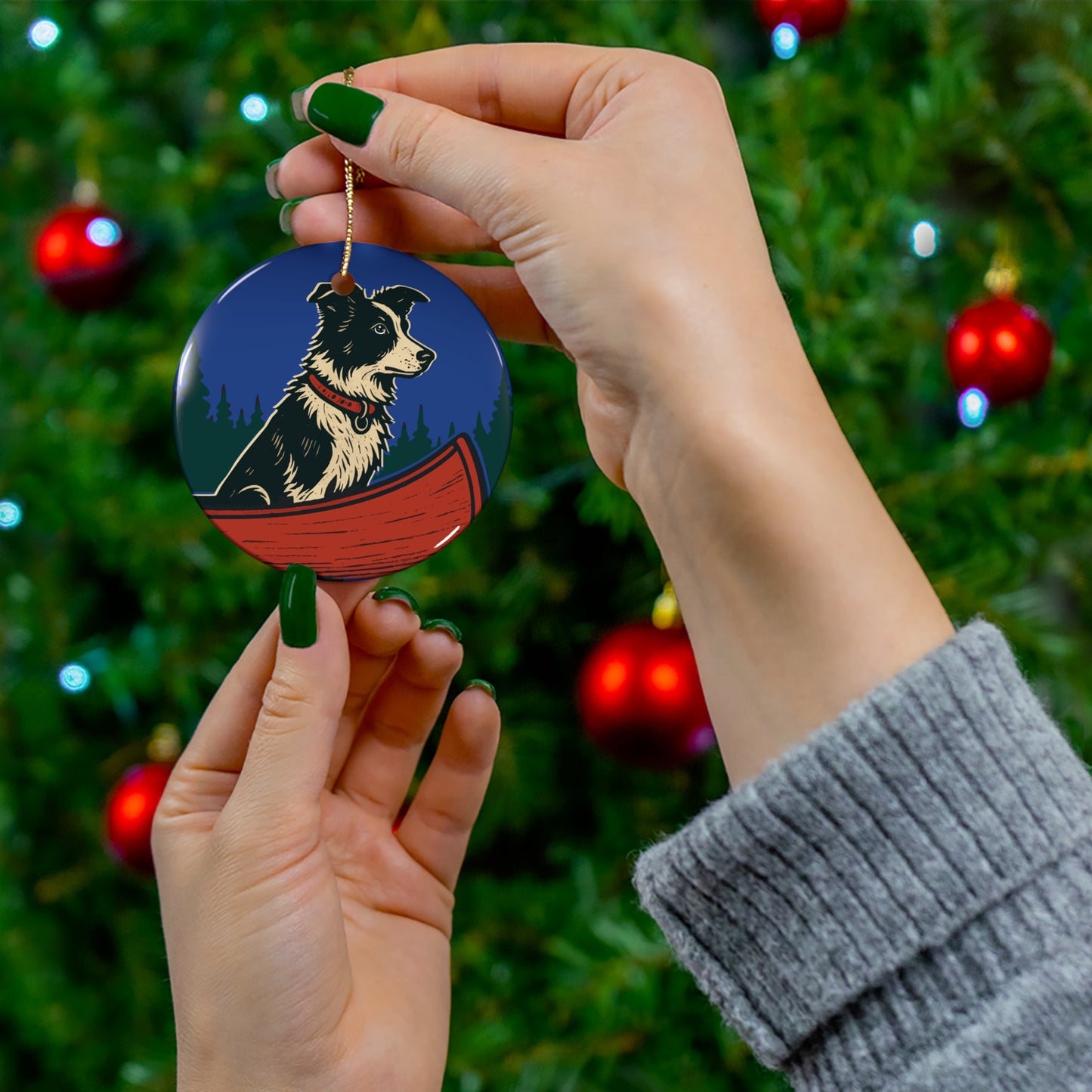 Border Collie in Canoe Ornament